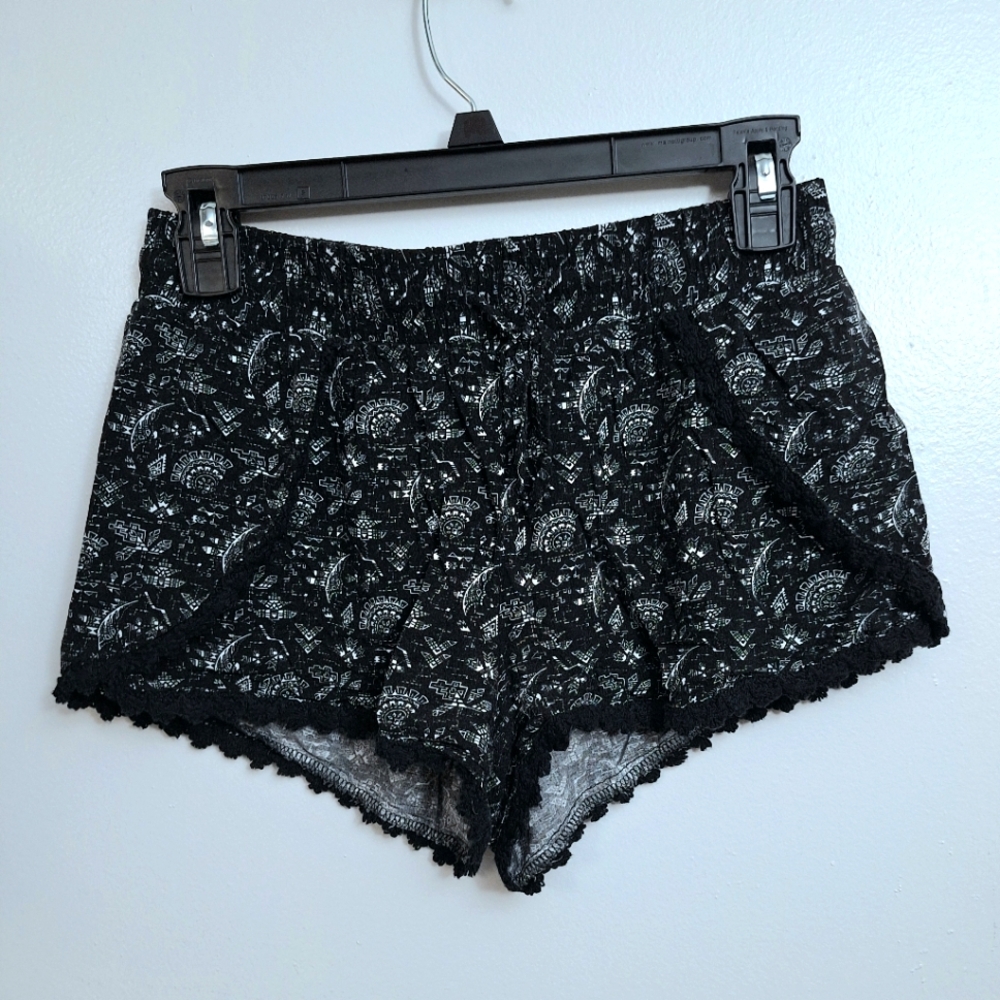 Aeropostale Womens XS Lounge Short Micro Mini w Lace Black White Boho Preppy